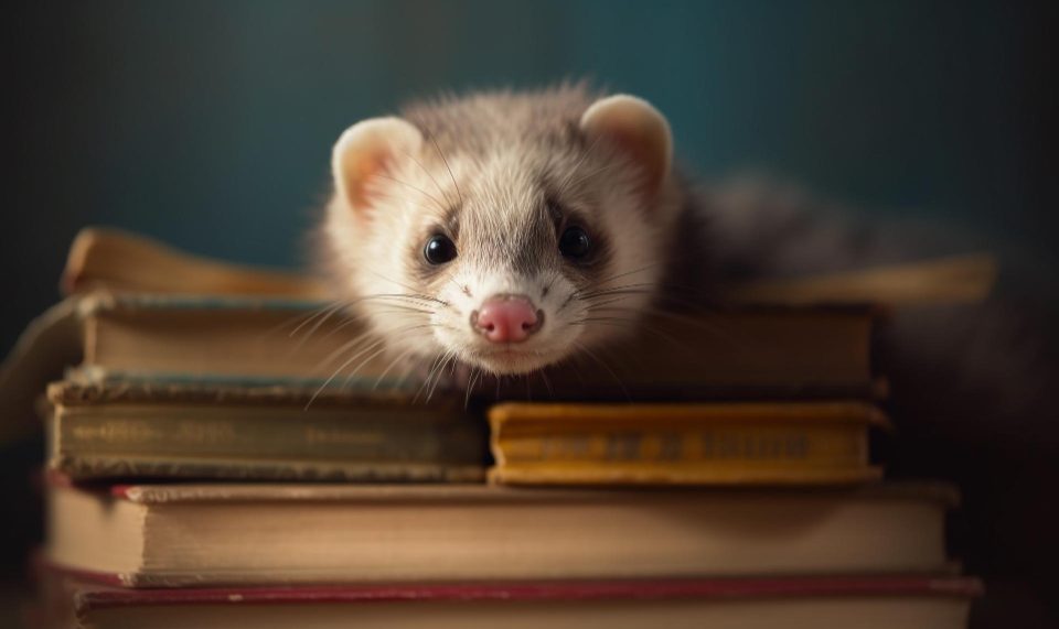 fluffy ferret studying biology textbook indoors night generated by ai